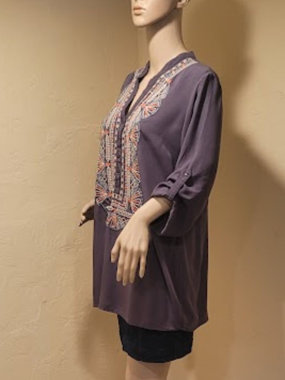 Large Luna Moon Boho lightweight tunic with split v-neck and roll-tab sleeves
